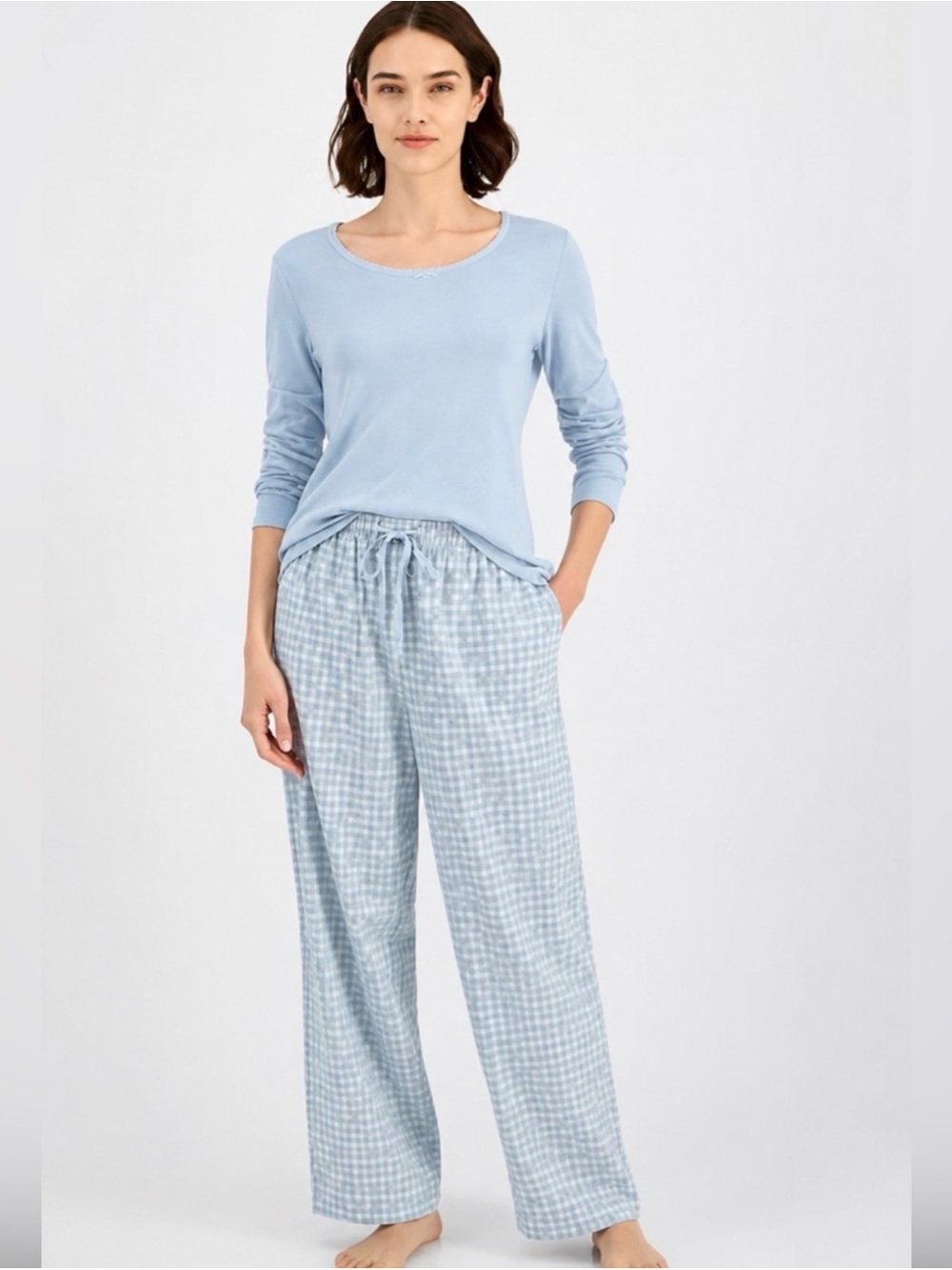 Charter Club Women's Printed Cotton Flannel pajama pants light blue gingham 2X